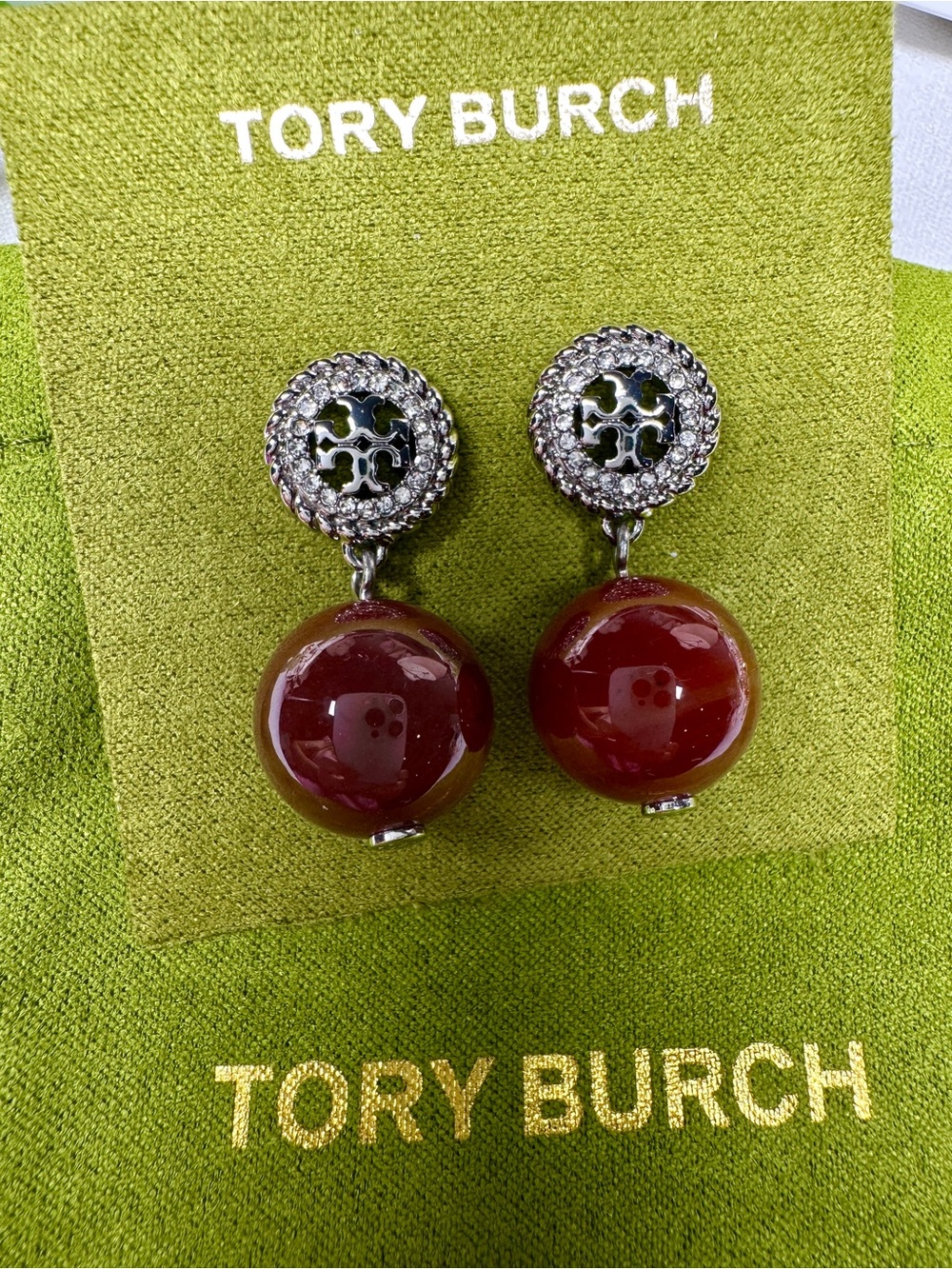 Tory Burch Burgundy Drop Earrings with Crystal Halo Tops